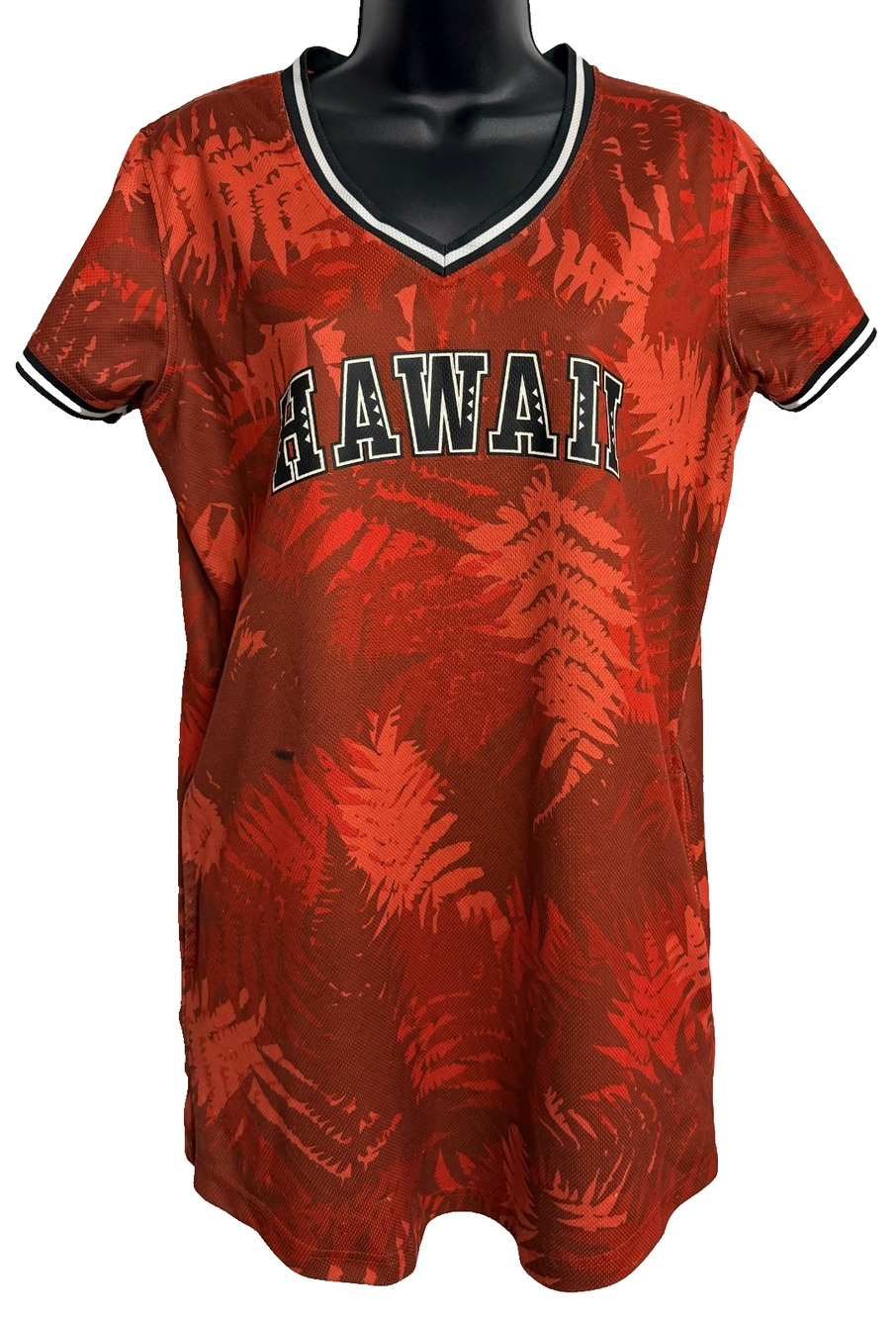 Hawaii’s Finest Mini Tee Shirt Dress Womens Large Red Tropical Fern Mesh Jersey